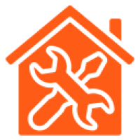 Orange house icon with wrench and screwdriver.